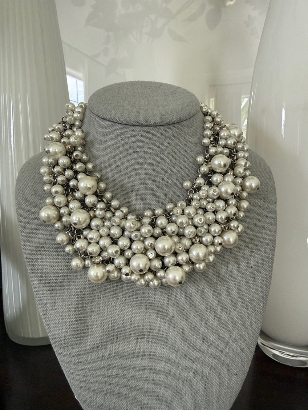 Statement Multi-Strand Pearl Cluster Necklace - Silver Tone - Picture 4 of 10